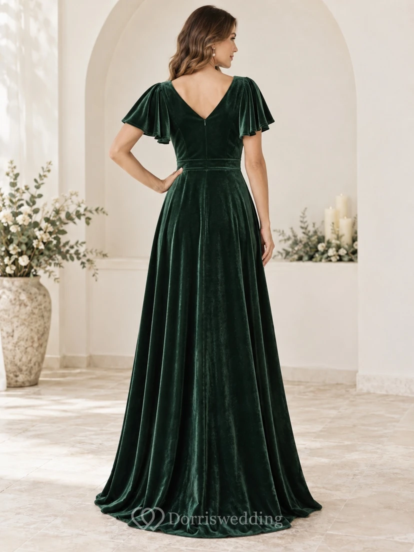 Vestido de dama de honor de corte A con escote en V y mangas con volantes en terciopelo verde pino view 2