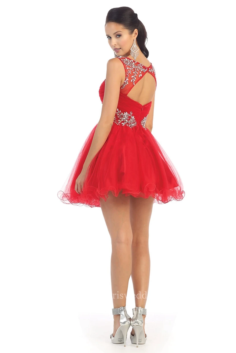 A-Line Short Square-Neck Sleeveless Tulle Keyhole Dress With Ruffles And Beading view 2
