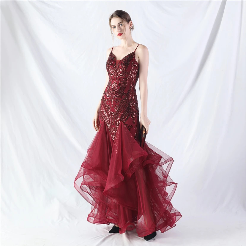 Vestido de actuación para celebración de baile caliente con cuentas de flores y posicionamiento de red rígida. view 23