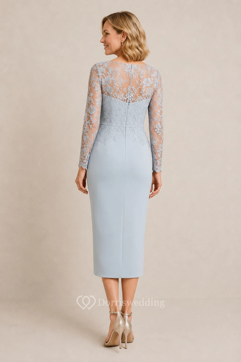 MOB Dress Sky Blue Lace Stretch Satin Sheath Long Sleeve Bateau Neck Knee Length with Slit view 2