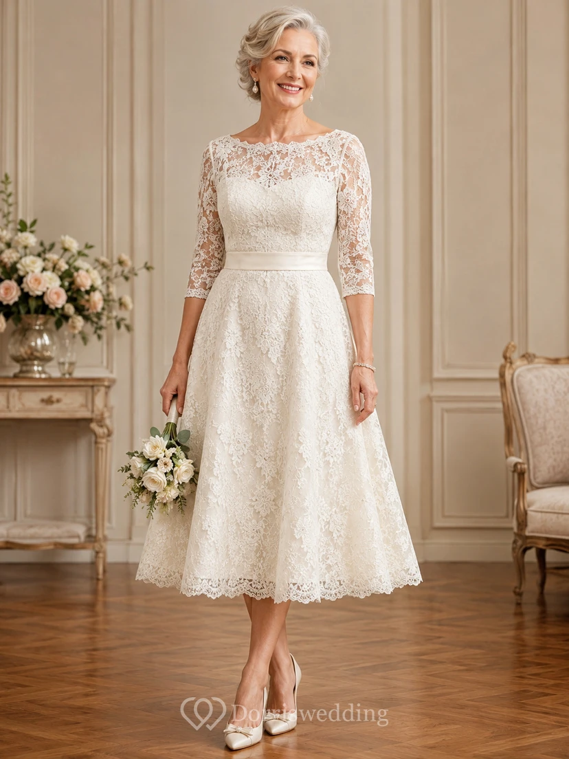 Tea Length Lace A-Line Older Brides Wedding Dress with Long Sleeve Sleeves