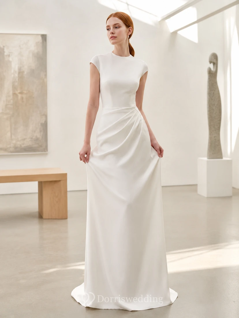 Vestido de novia minimalista de galería de arte, columna de crepé sin mangas