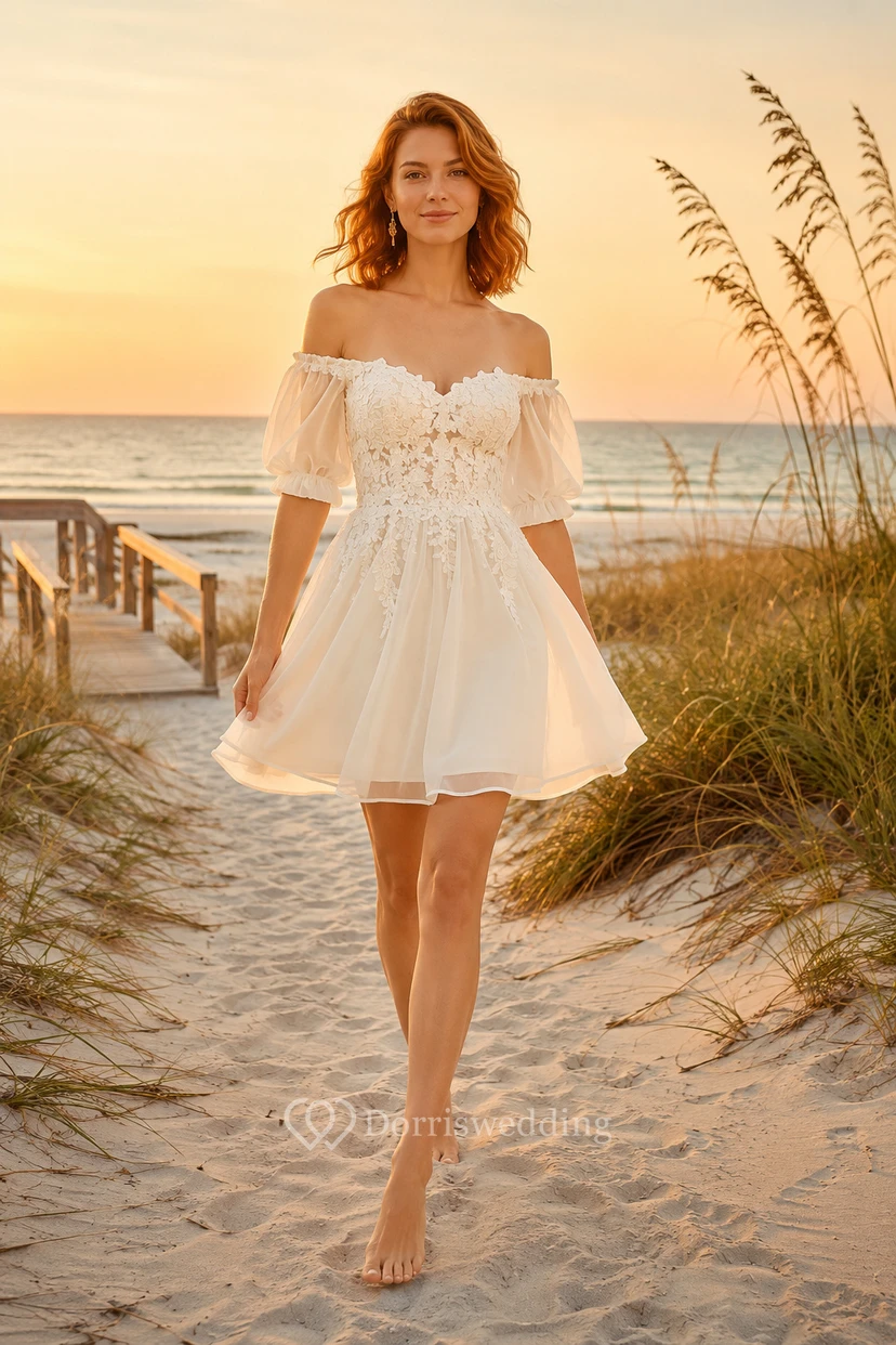 Robe de mariée de plage courte en dentelle à épaules dénudées et manches bouffantes