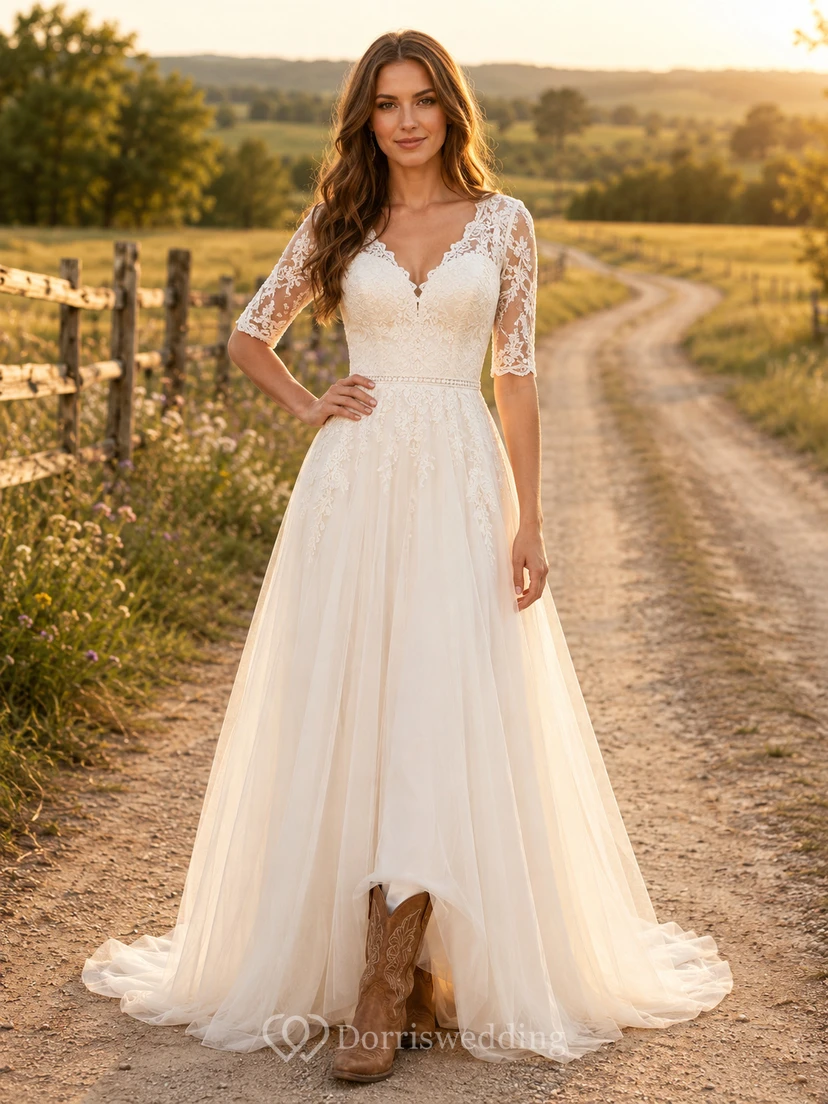 Robe de mariée de maternité à épaules dénudées et manches papillon en dentelle, robe de plage