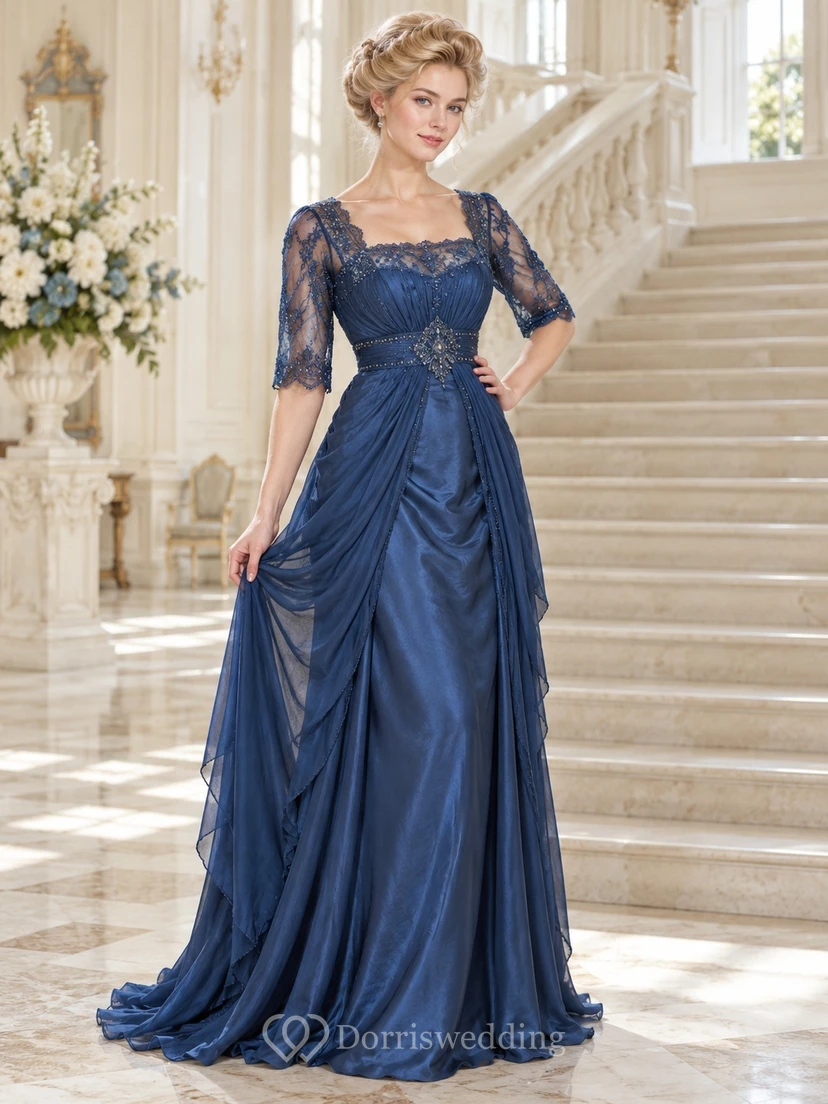 Robe de soirée vintage édouardienne à col carré, dentelle bleue, manches courtes et drapée
