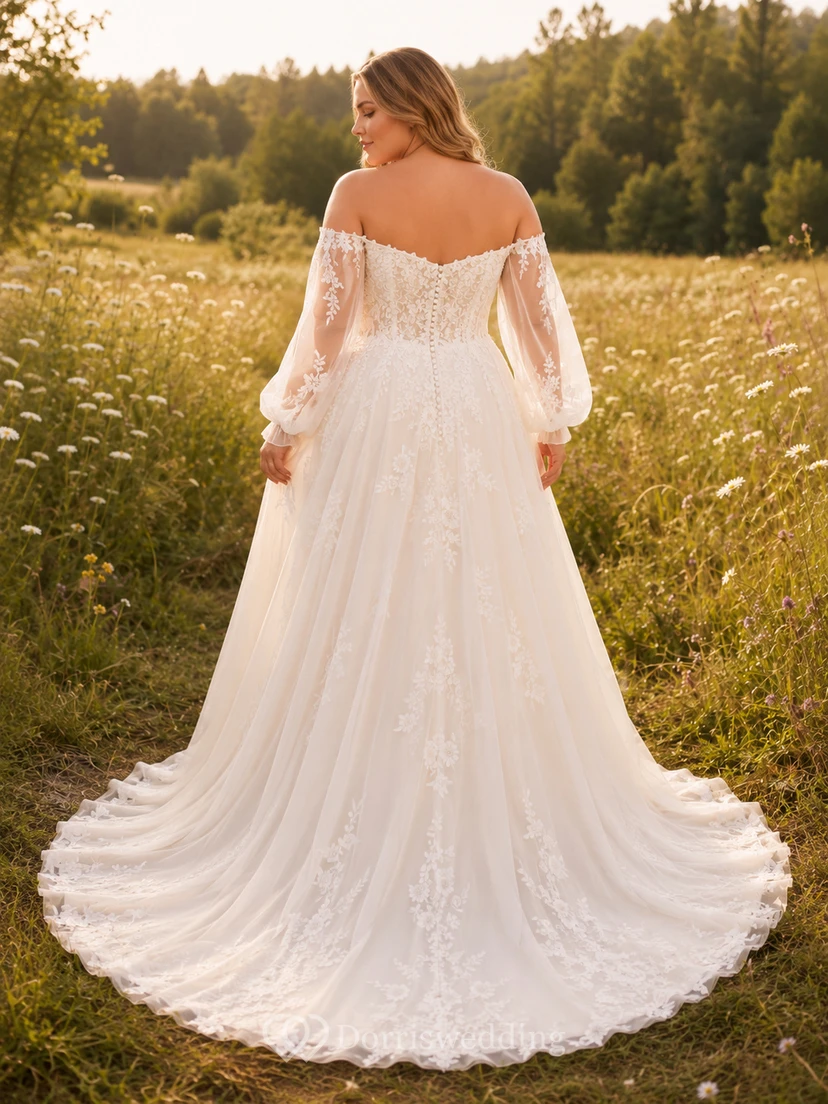 Lace Tulle Wedding Dress A-Line Off Shoulder Long Sleeve Chapel Train Bridal Gown view 2