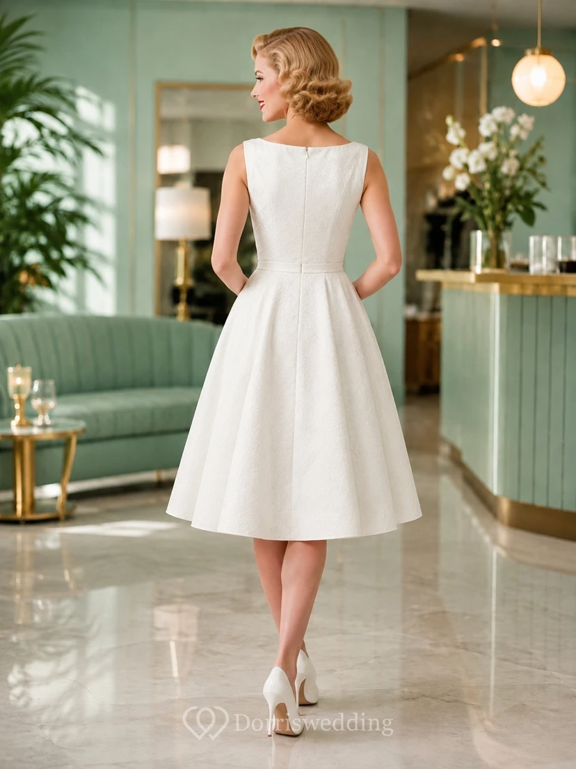 Vestido vintage blanco sin mangas de corte A con escote joya y largo hasta la rodilla view 2