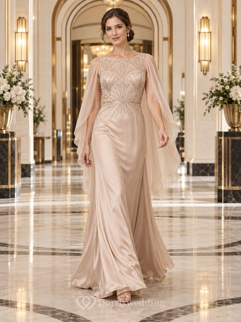 Vintage Champagnerfarbenes Etuikleid mit U-Boot-Ausschnitt, Satin, Chiffon, Cape-Ärmeln, geometrischer Perlenstickerei und langem Brautjungfernkleid