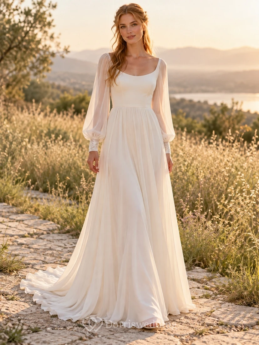 Vestido de novia bohemio sencillo de gasa fluida con mangas largas y escote redondo