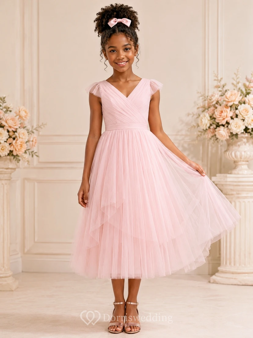 Candy Pink Junior Bridesmaid Dress A-Line Tea-Length V-Neck Sleeveless Pleated Skirt Romantic
