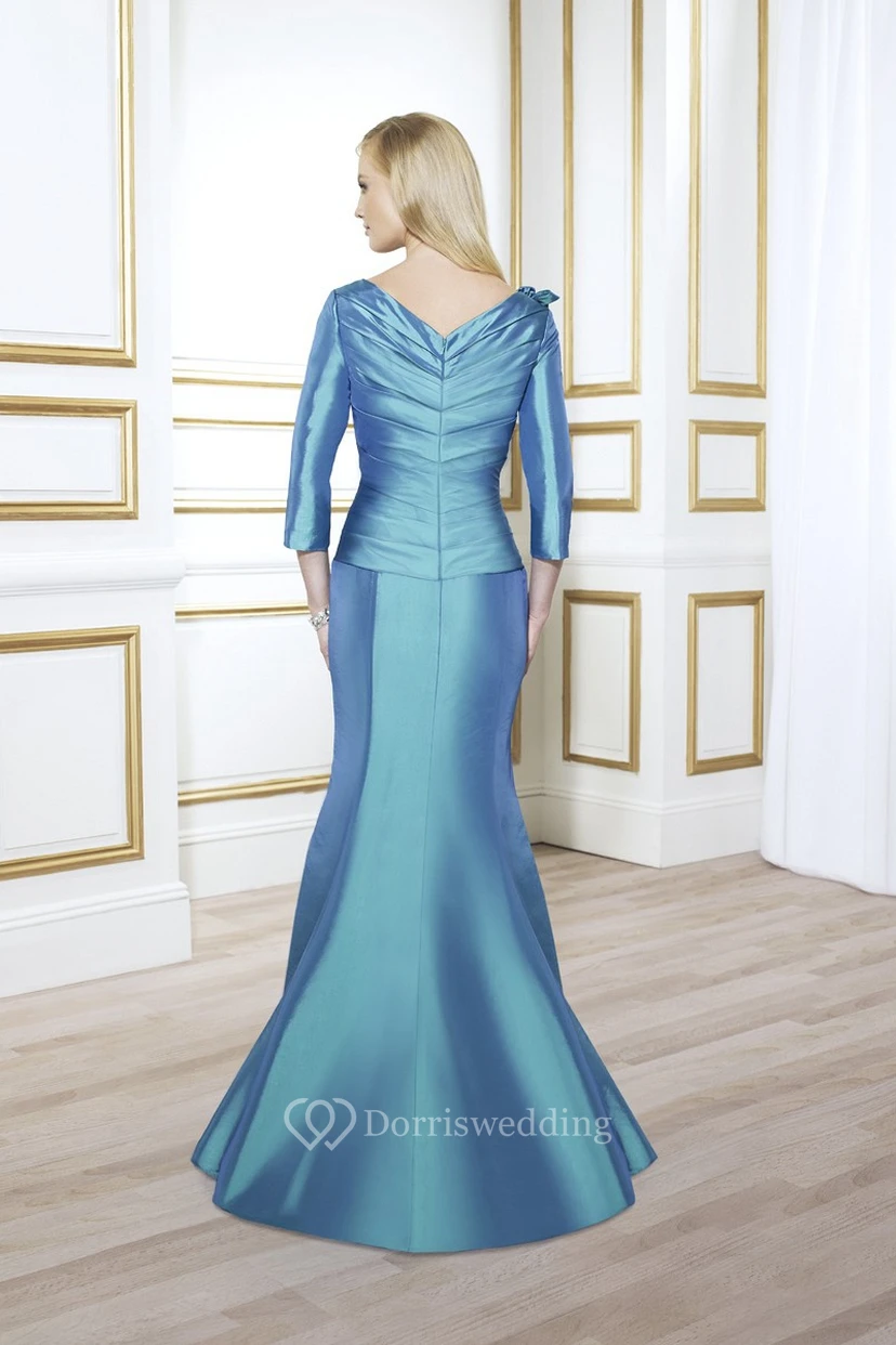 V-Neck Long Sleeve Floral Satin Mother Of The Bride Dress With Ruching view 2