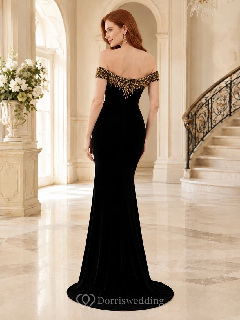 Black Off Shoulder Velvet Beaded Mermaid Sweep Train Evening Gown view 2