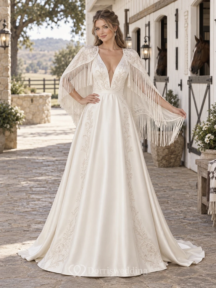 Vestido de novia de satén estilo bohemio campestre con escote en V y corte en A, bordes de hojas bordadas y capa con flecos.