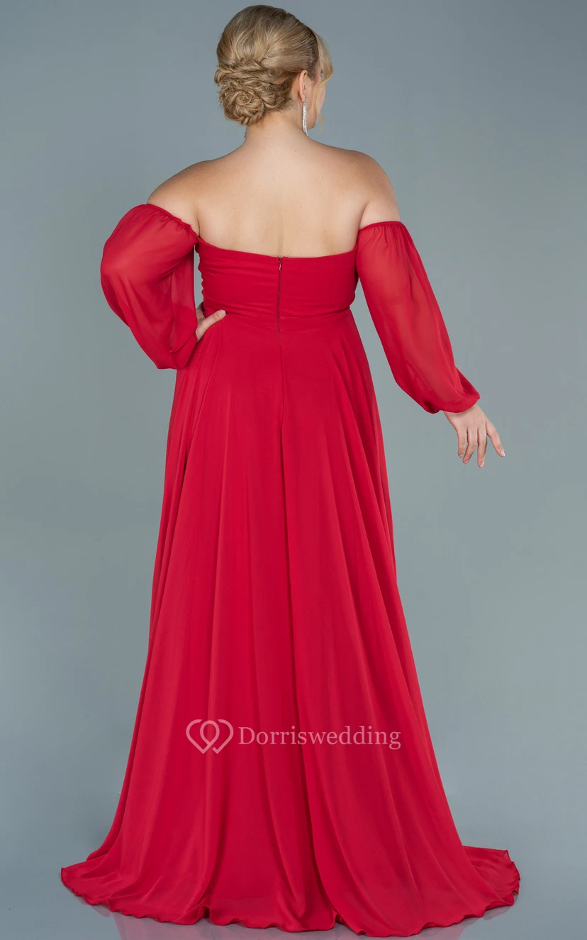 Off-the-shoulder Sweetheart Empire Plus Size Chiffon Front Split Evening Dress view 4
