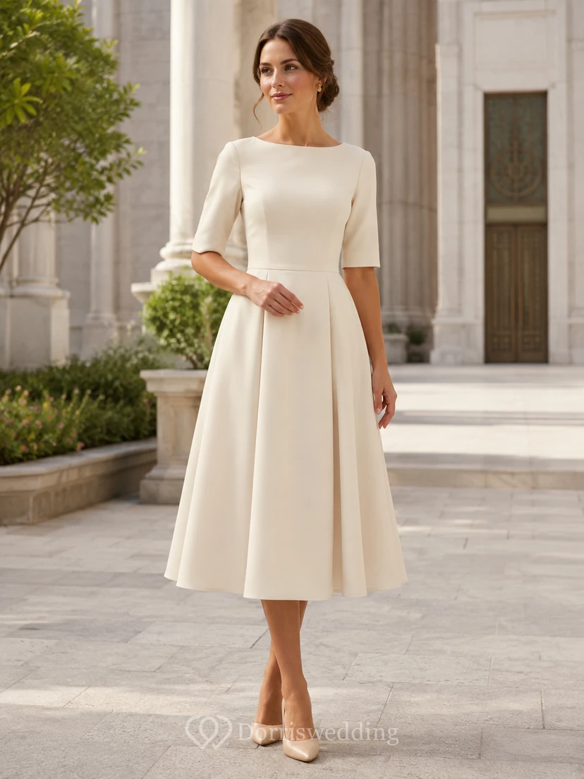 Cream Bateau Neck Short Sleeve Temple Ceremony Midi Dress