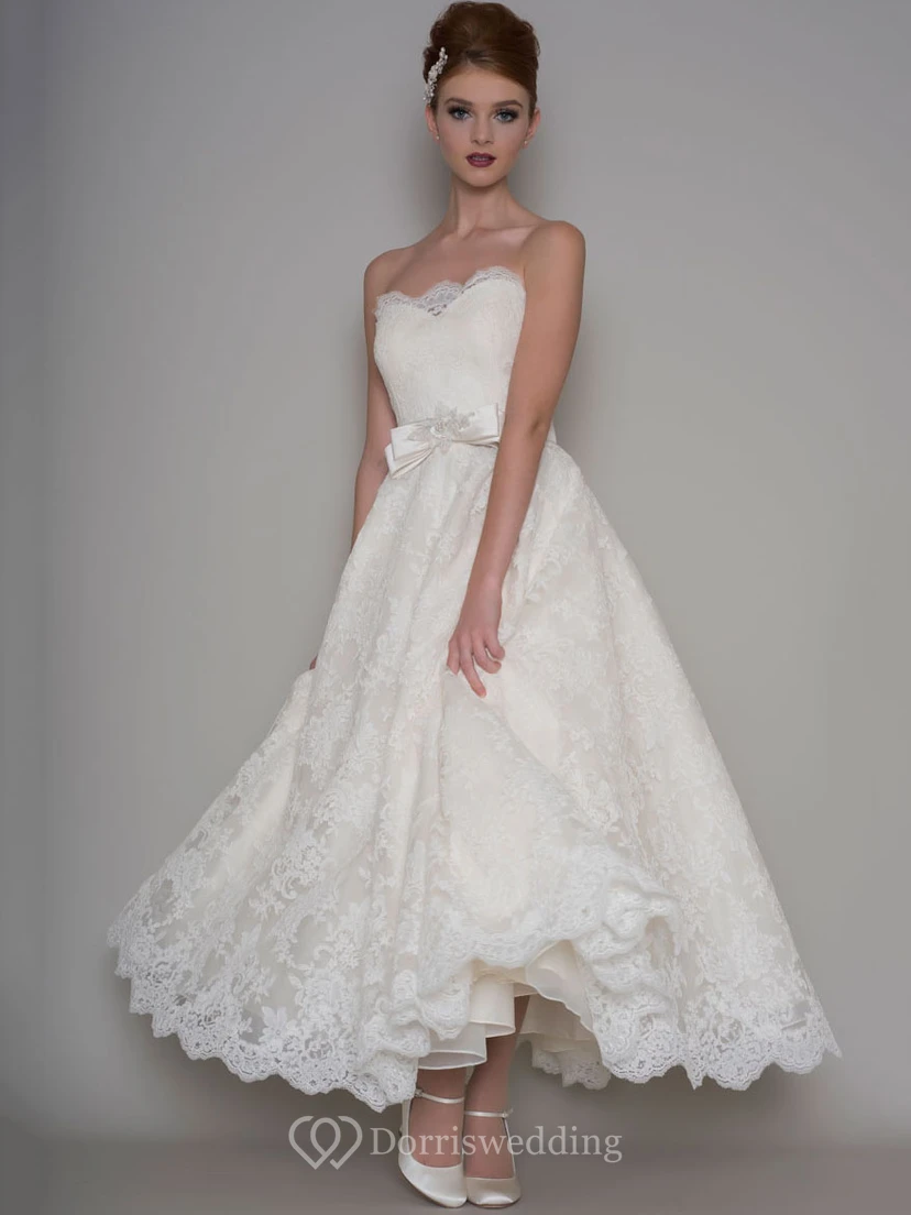 Ankle-Length A-Line Appliqued Strapless Lace Short Wedding Dress With Bow