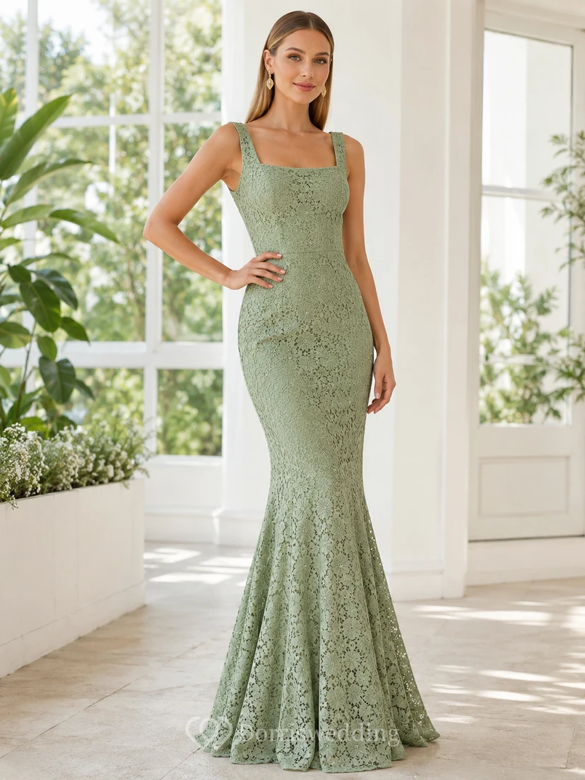 Vestido formal moderno y elegante de encaje celadón con escote cuadrado, tirantes anchos y largo hasta el suelo, estilo sirena.