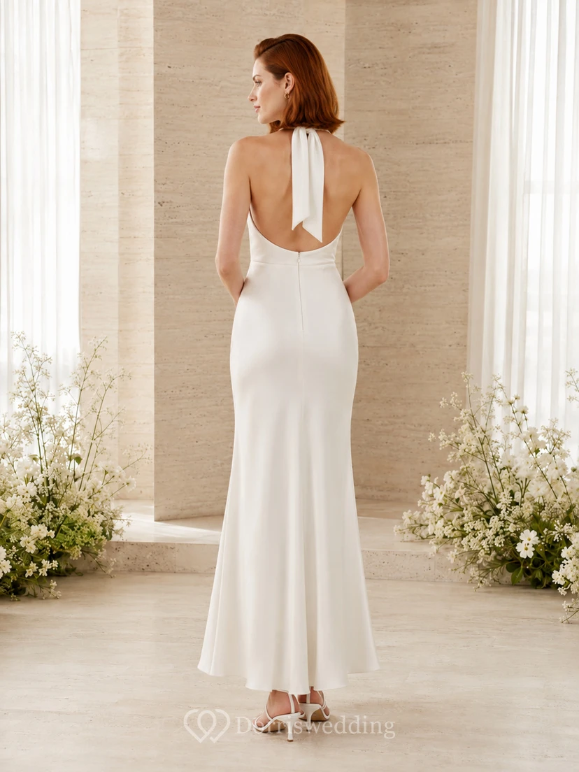 White halter cowl crepe ankle length sheath bridesmaid dress view 2