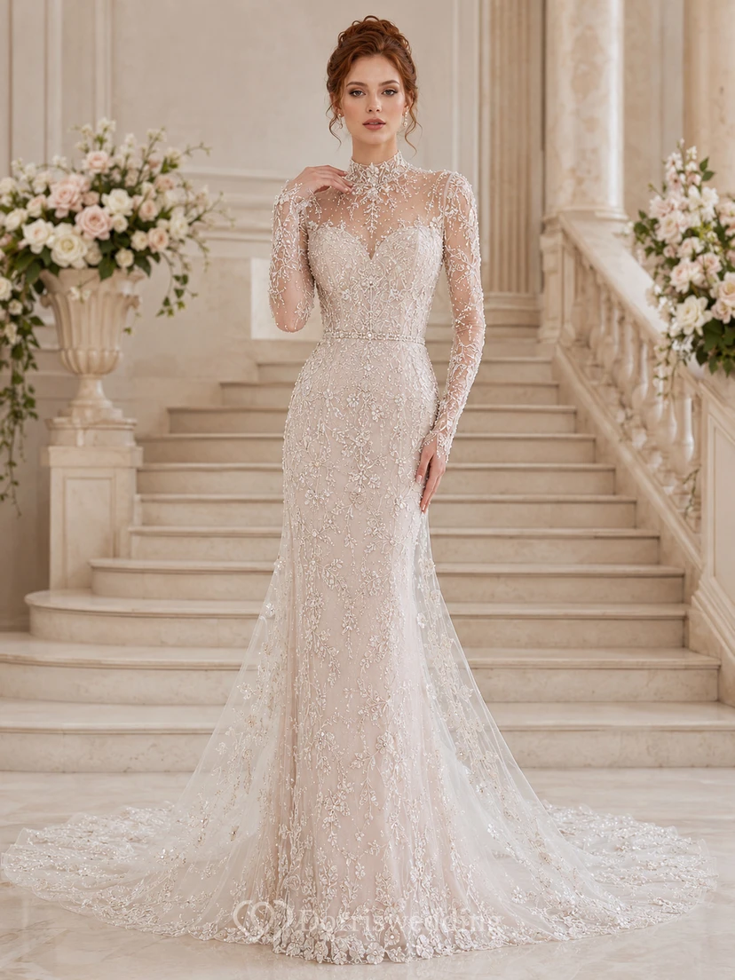 Robe de mariée sirène en dentelle fine, col montant, manches longues, traîne chapelle, ornée d'appliqués floraux, style jardin.