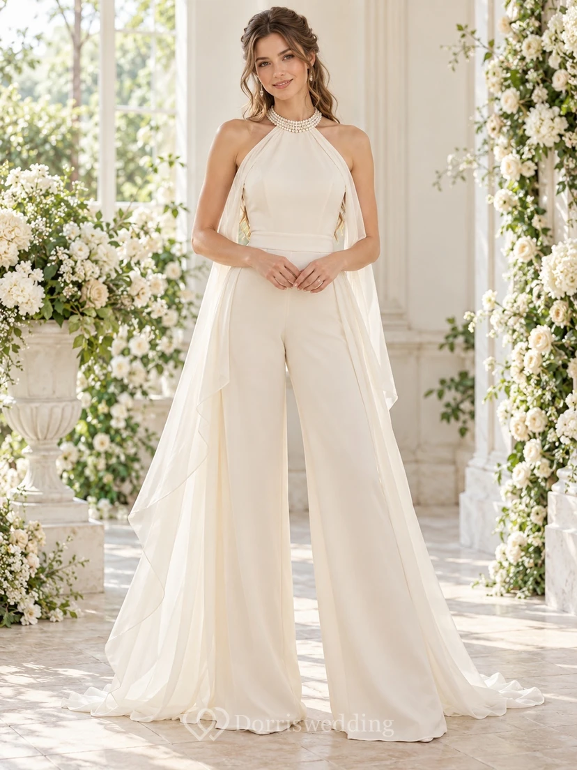 High Neck Pearl Halter Draped Scarf Back Wide Leg Bridal Jumpsuit