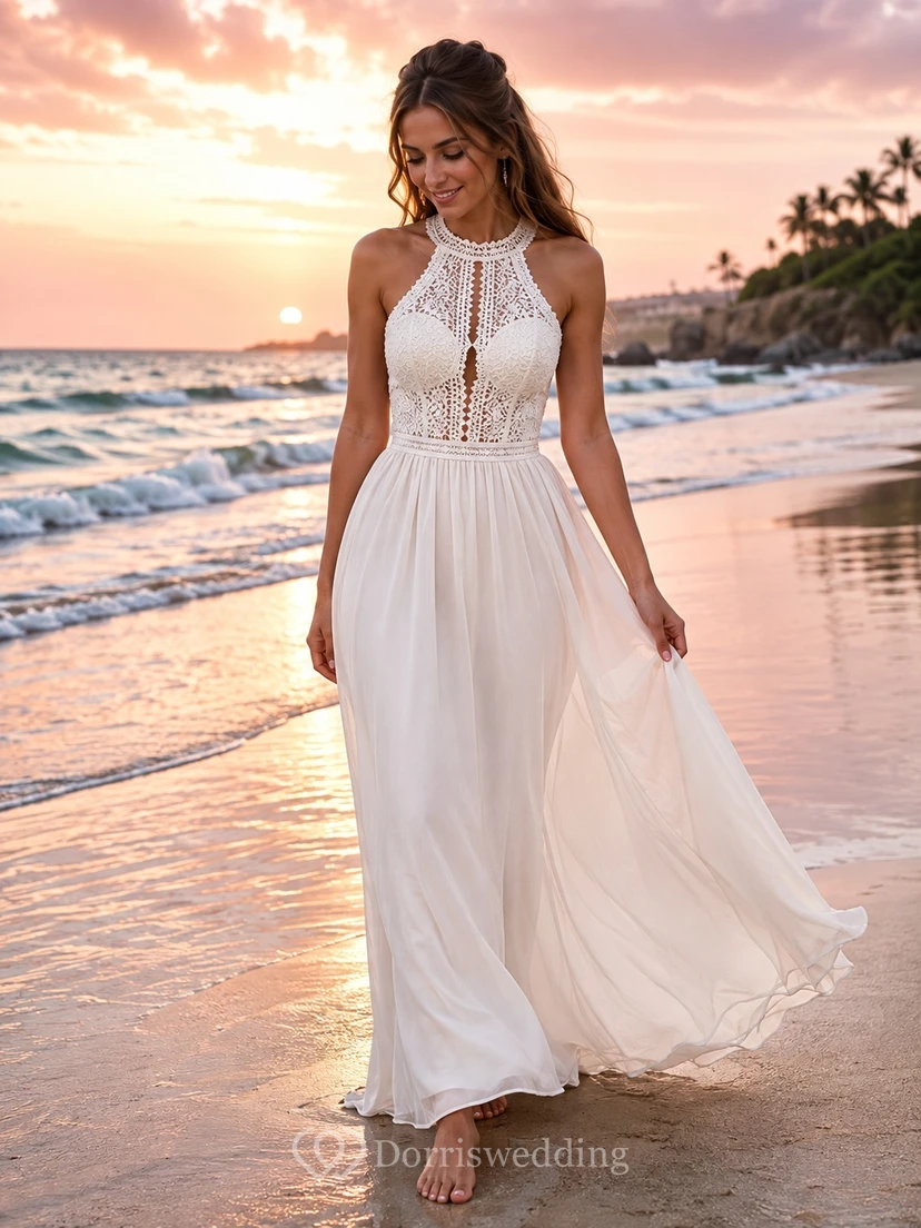 Strandkleid im Boho-Stil mit Neckholder, hohem Kragen, Schlüssellochausschnitt und A-Linie – das perfekte Brautkleid für Ihre Hochzeit im Ausland