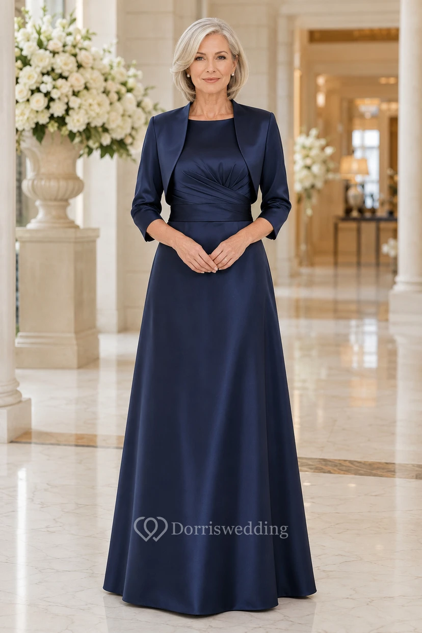 MOB-Kleid, dunkelblaues Satin-A-Linien-Kleid, 3/4-Ärmel, U-Boot-Ausschnitt, bodenlang, inklusive Jacke
