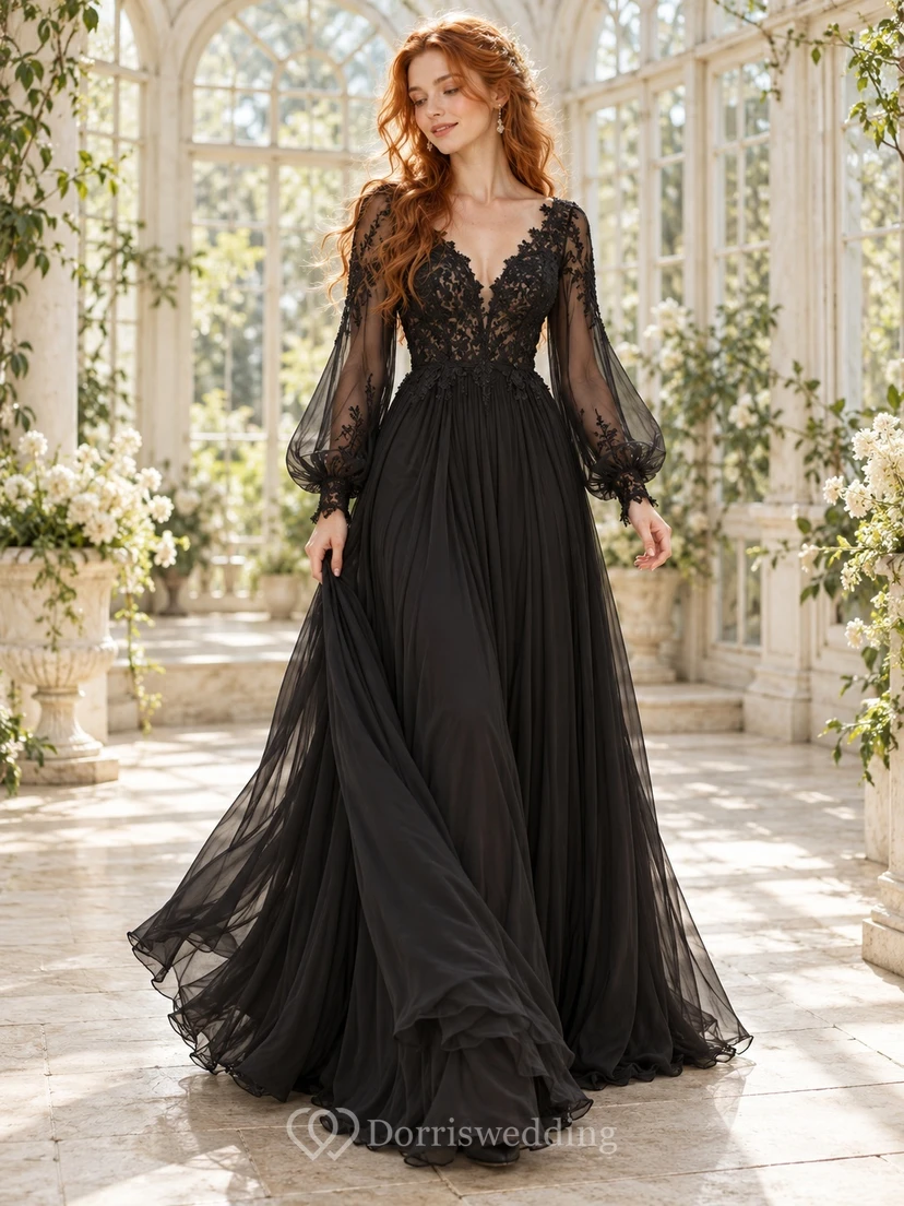 Black Long Poet Sleeve V-neck Lace Chiffon Wedding Dress