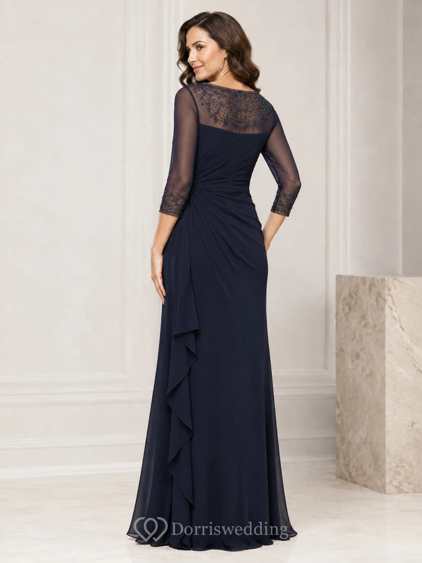 Dark Navy Illusion Lace Three-Quarter Sleeve Sheath Evening Gown view 2