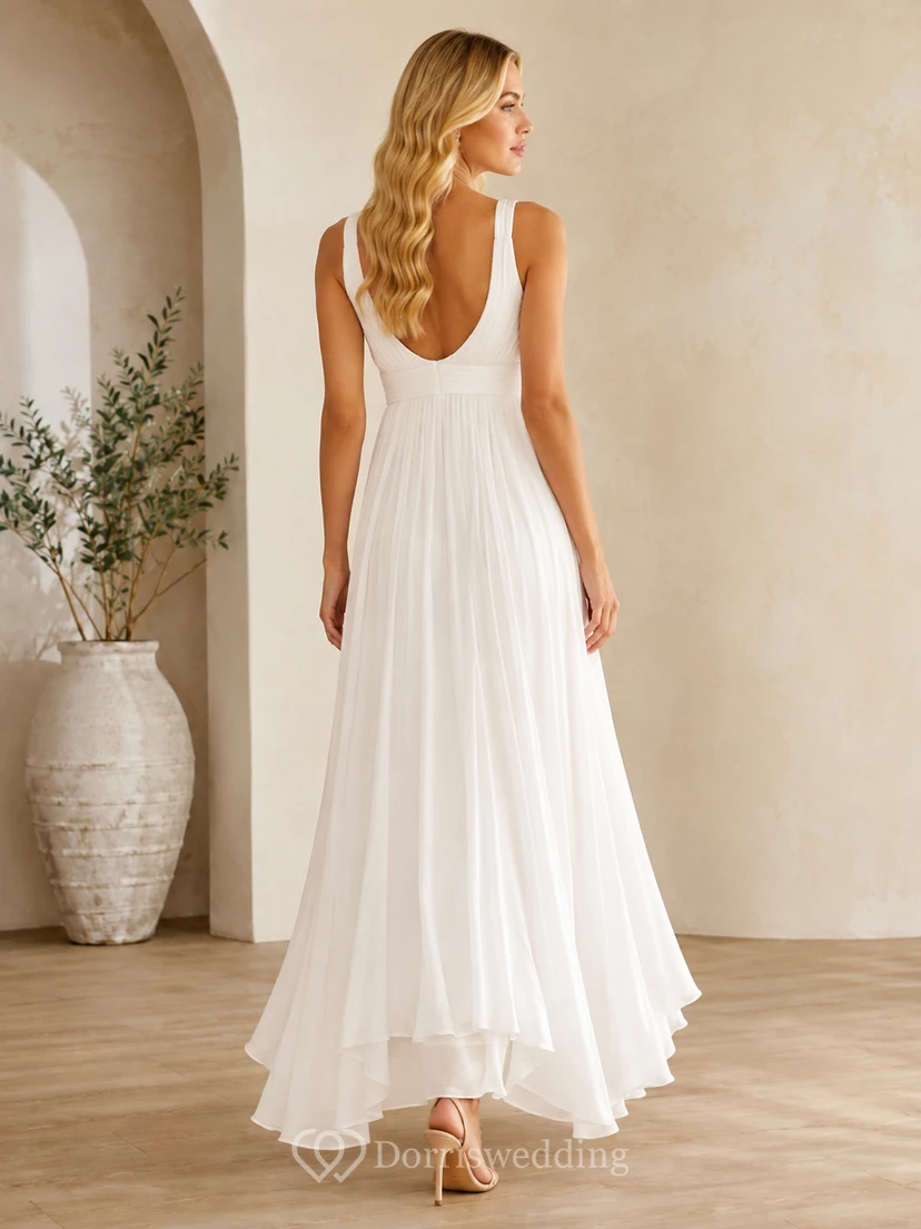 Robe de mariée civile de plage simple, taille empire, col en V, sans manches, en mousseline, longueur cheville view 2