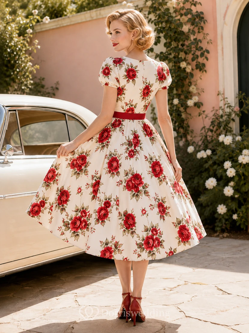 Vintage Ivory Red-Floral V-Neck Cap-Sleeve Belted Fit-and-Flare Tea-Length Rockabilly Cocktail Dress view 2