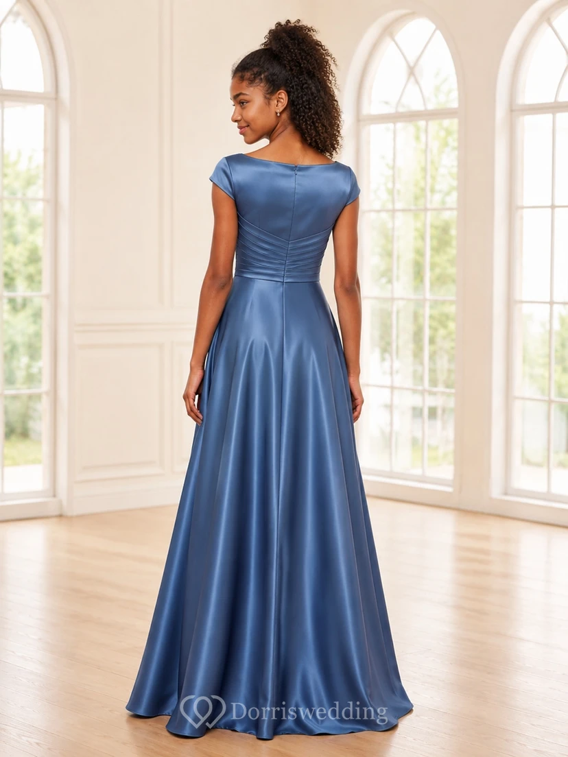 Vestido de dama de honor juvenil azul rey, corte A, escote barco, sin mangas, charmeuse elegante view 2