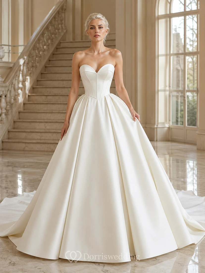 Trägerloses Brautkleid mit herzförmigem Dekolleté, Satin-Knopfleiste und Schleife am Rücken, Kapellenschleppe