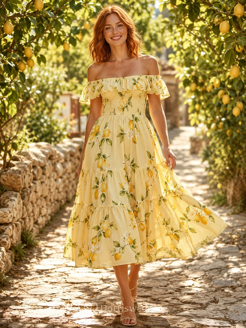 Yellow Lemon Print Off Shoulder Summer Midi Dress