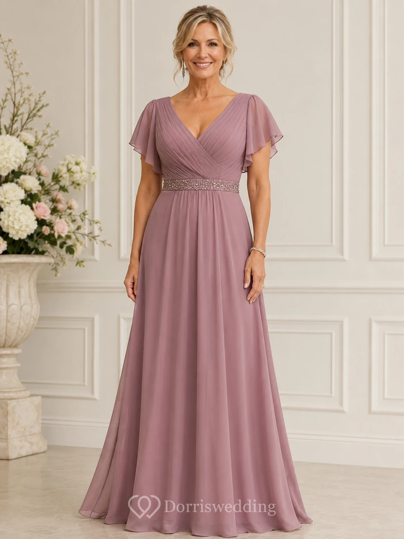 Robe de mère en mousseline à manches courtes, col en V et coupe trapèze, ornée de perles
