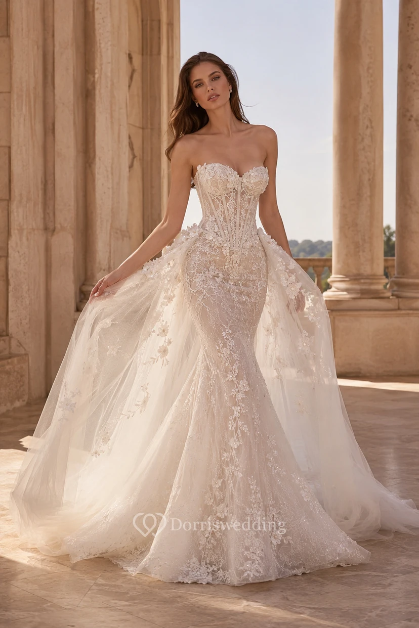 Vestido de novia de gala sin tirantes de encaje con cola de capilla