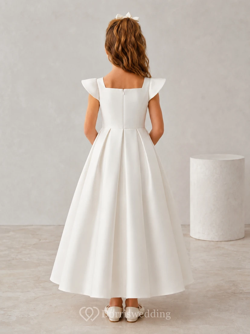 Vestido de niña de flores blanco de satén con mangas cortas, corte en A, escote joya y falda a la altura de la rodilla con detalle de lazo. view 2