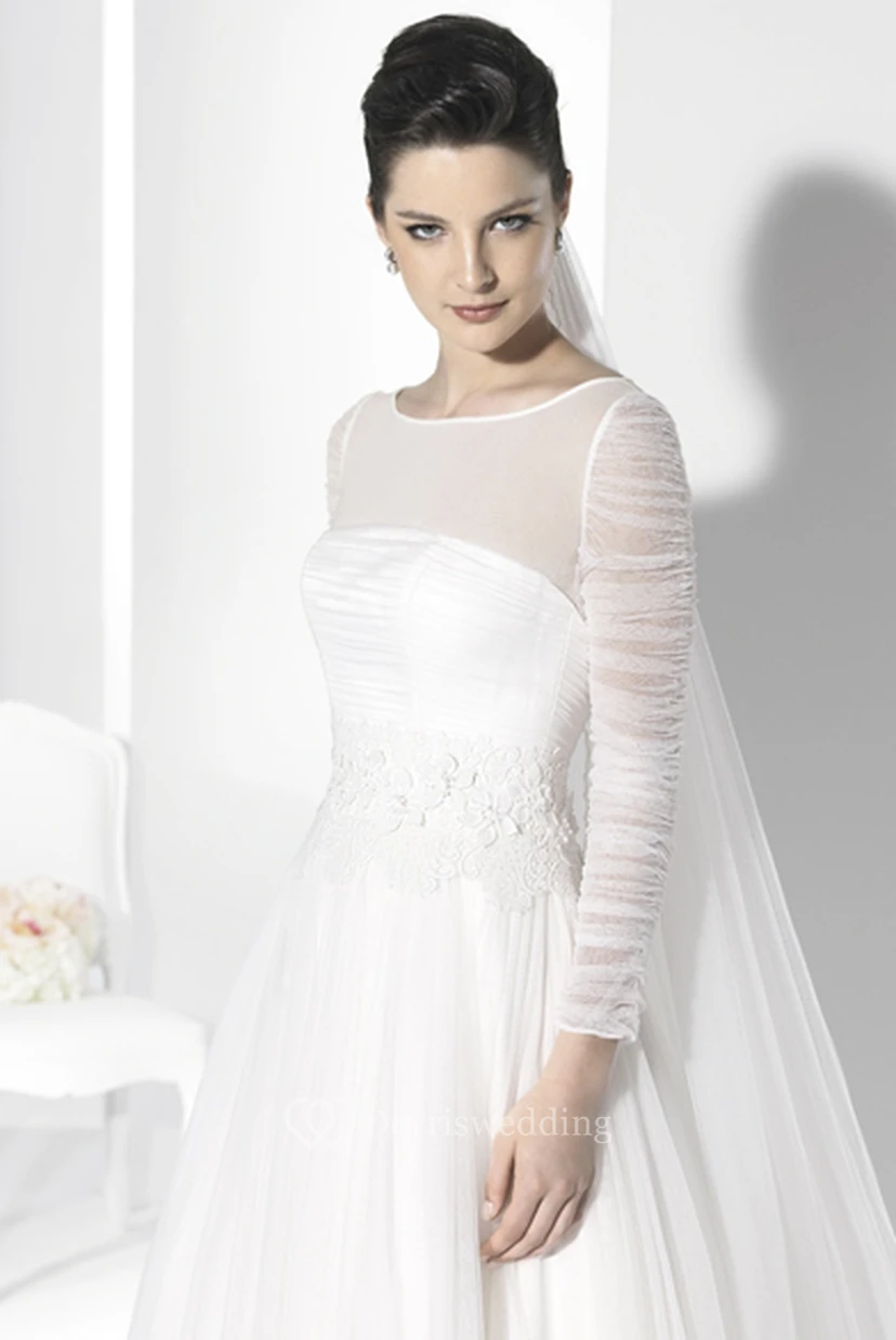 Floor-Length Scoop Appliqued Long-Sleeve Tulle Wedding Dress view 2