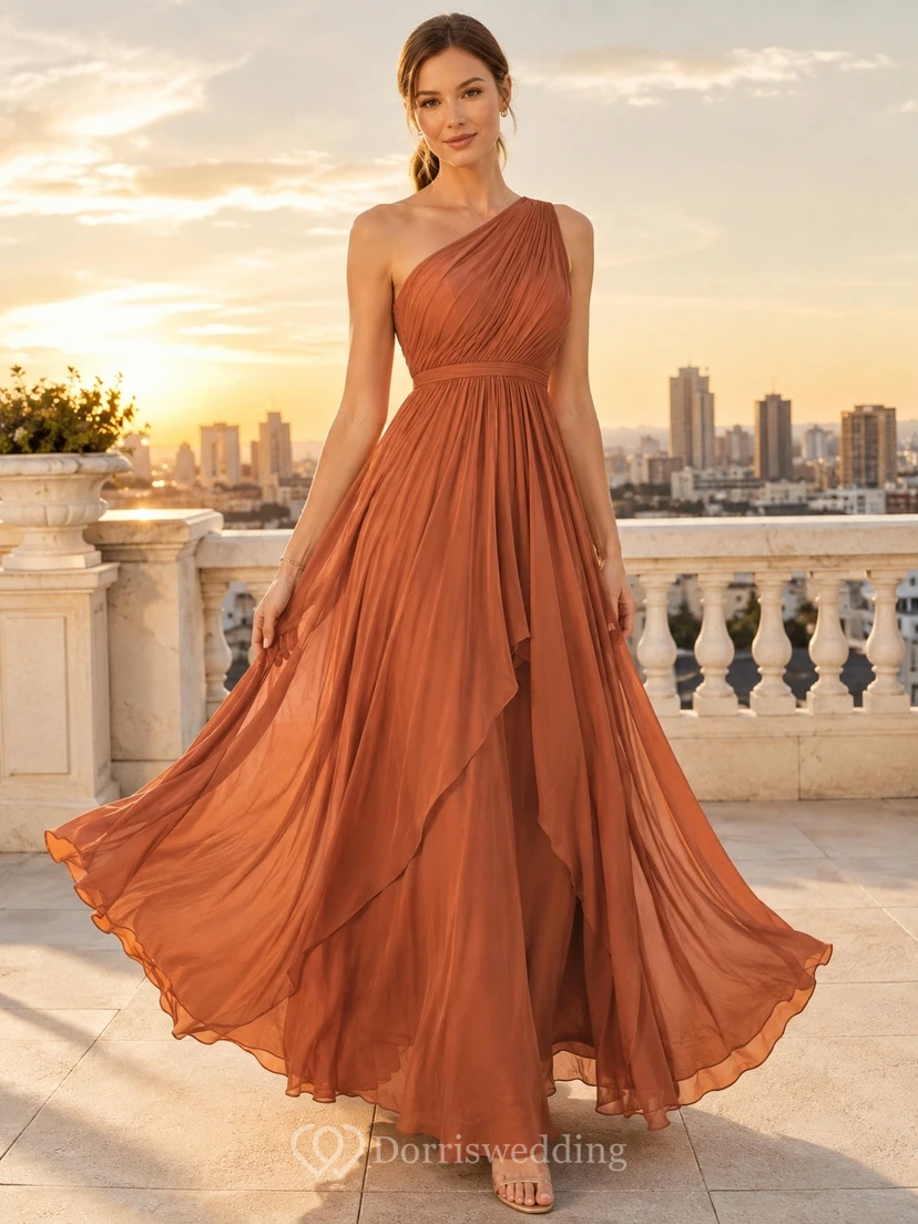 Romantic Copper Chiffon A-Line Floor-Length One-Shoulder Pleated Evening Dress