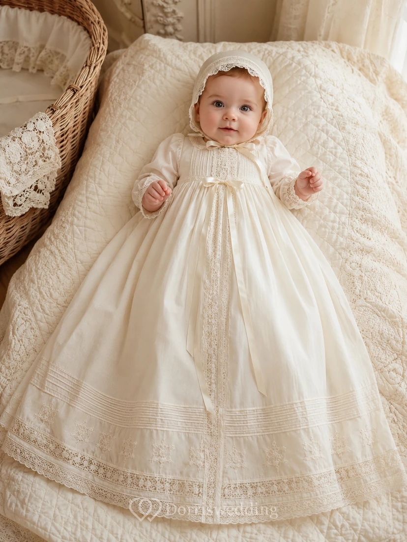 Vestido de bautizo vintage de algodón con encaje, manga larga y corte en A.
