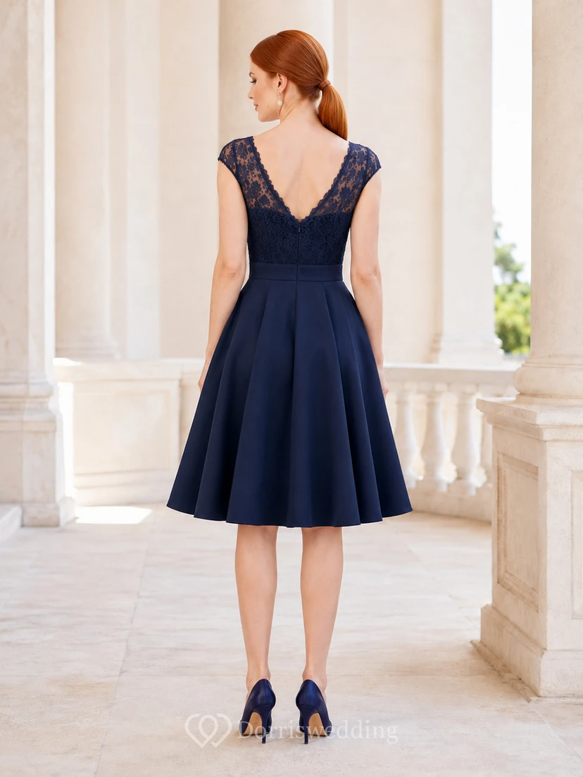 Dark Navy V-Neck Cap Sleeve A-Line Dress view 2