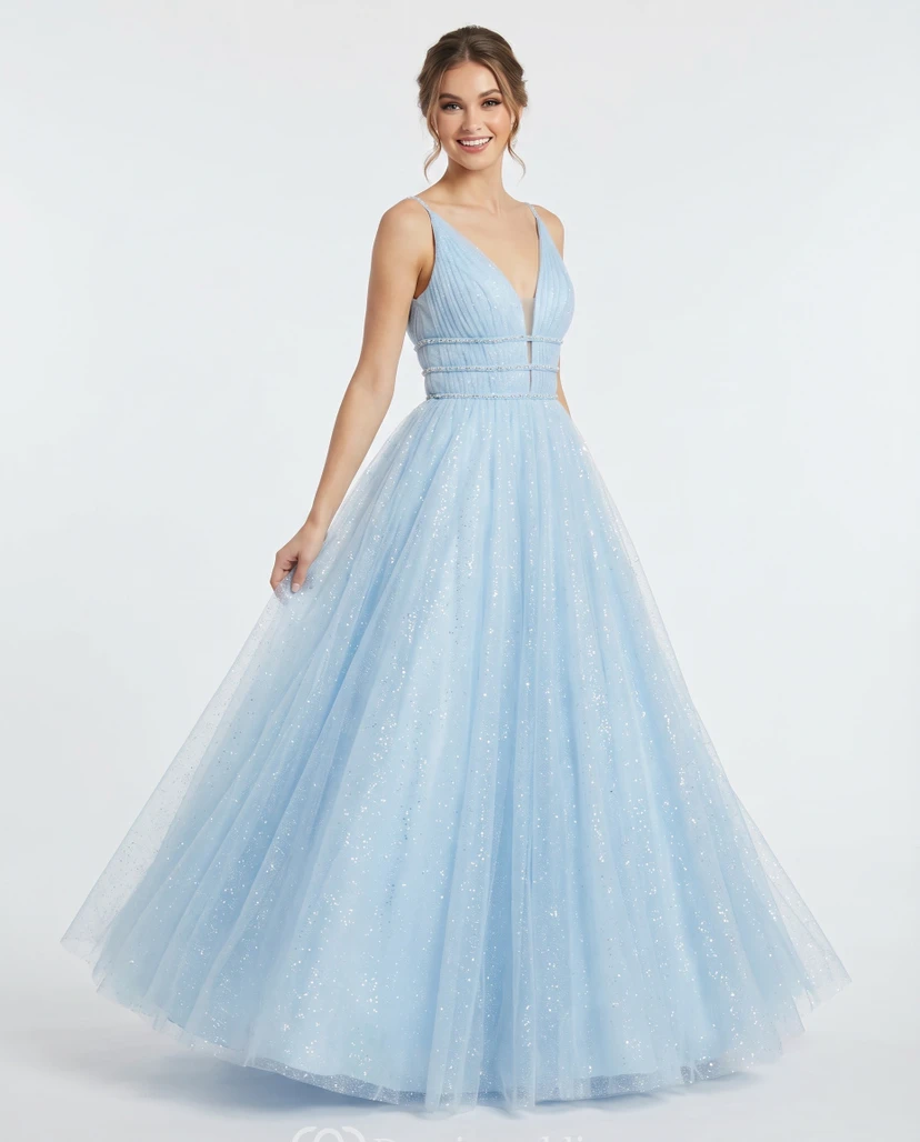 Himmelblaues, glitzerndes Tüll-Ballkleid in A-Linie mit V-Ausschnitt und perlenbesetzter Taille