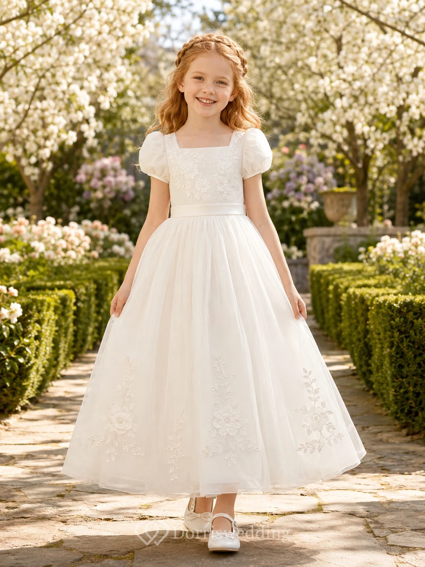 Vestido de niña de las flores, corte A, blanco, para Primera Comunión, con estampado floral y mangas con volantes.