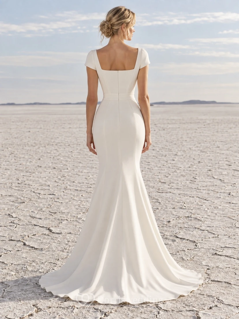 Vestido de novia sencillo de corte sirena con escote cuadrado, mangas cortas y corpiño liso de satén. view 2