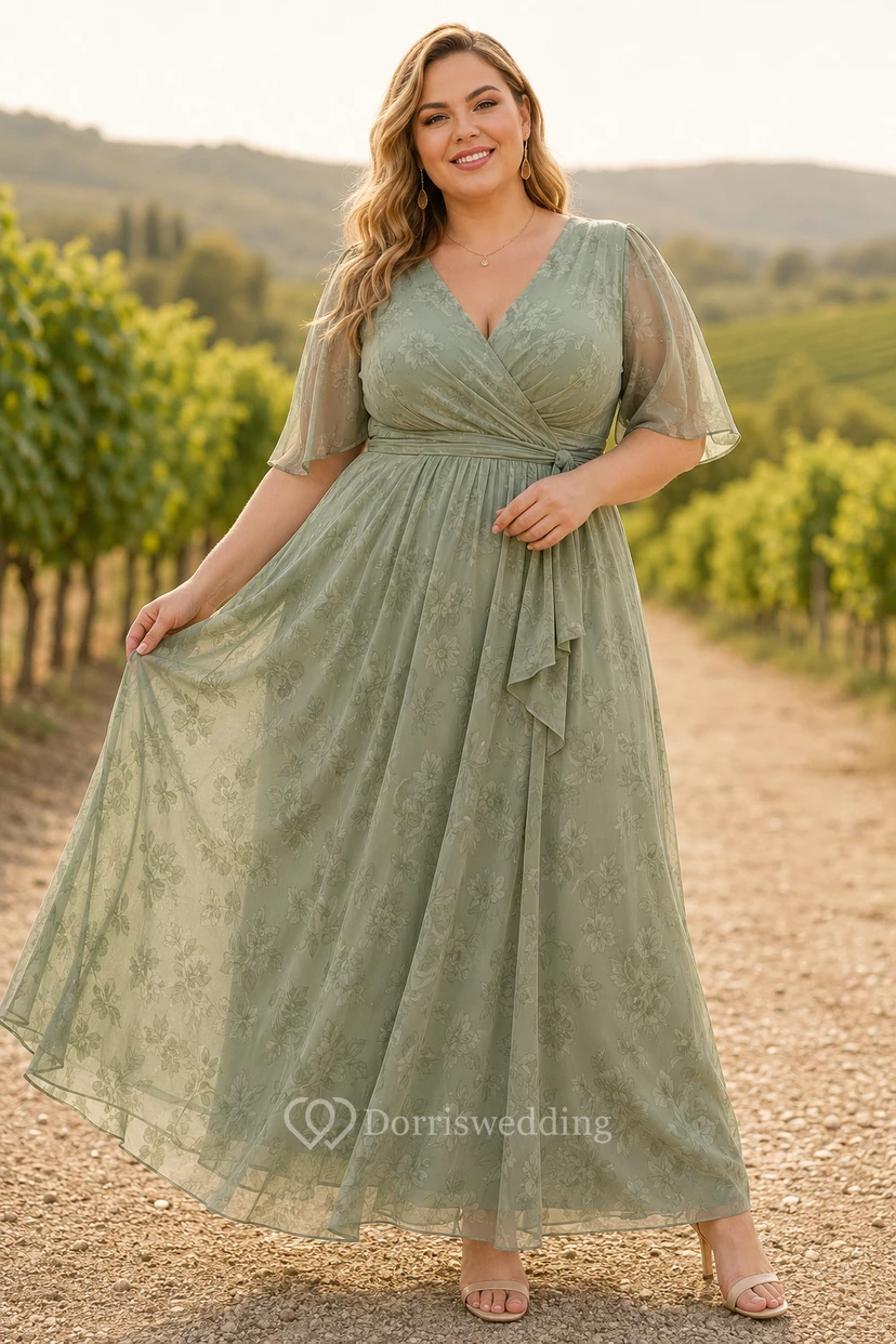 Vestido de tul de corte A con escote en V, talla grande, color verde salvia.