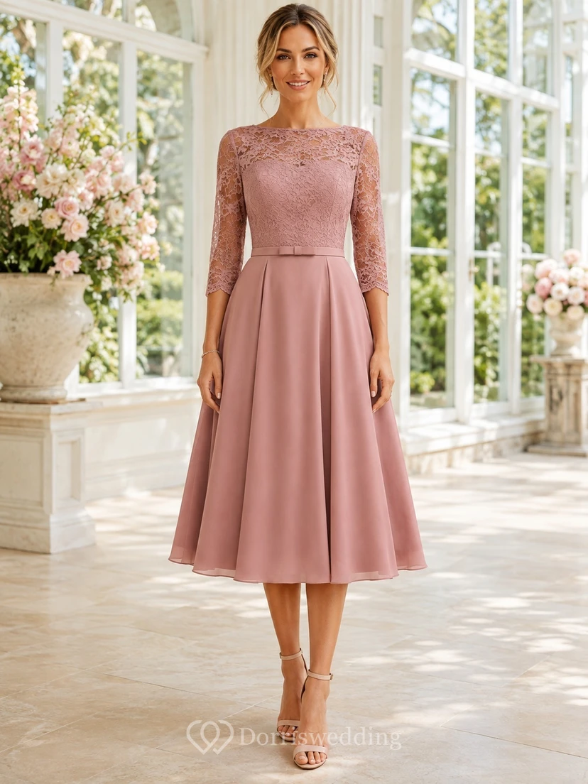 Dusty Rose Lace Jewel Neck Long Sleeve Tea-length A-Line Modest Dress