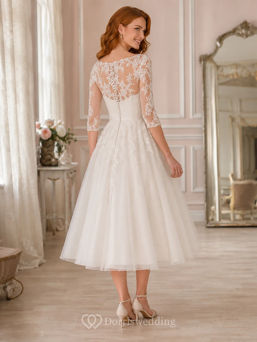 Modest Tea-Length Bateau Long Lace Sleeve Satin Vintage Wedding Dress view 2