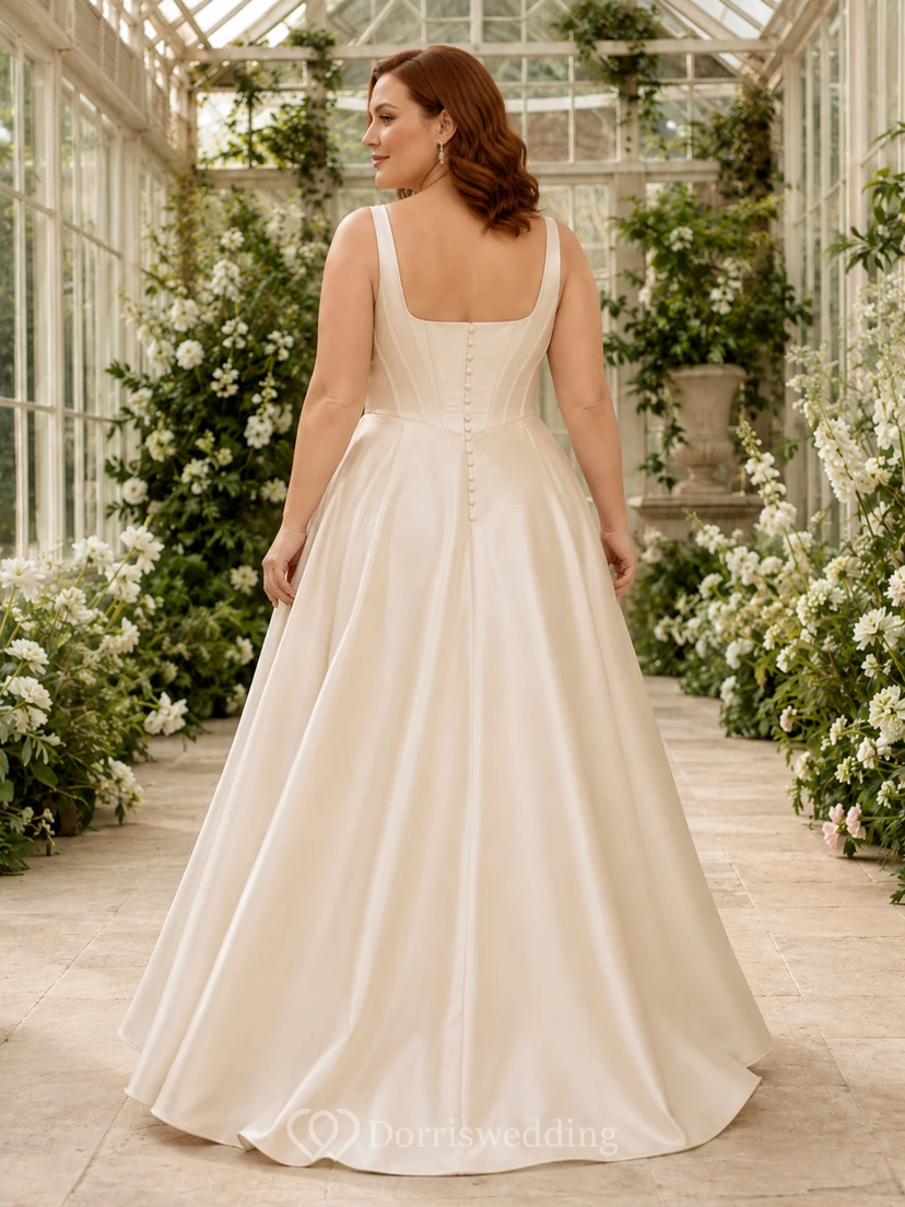 Robe de mariée longue en satin à col carré et col rond view 2