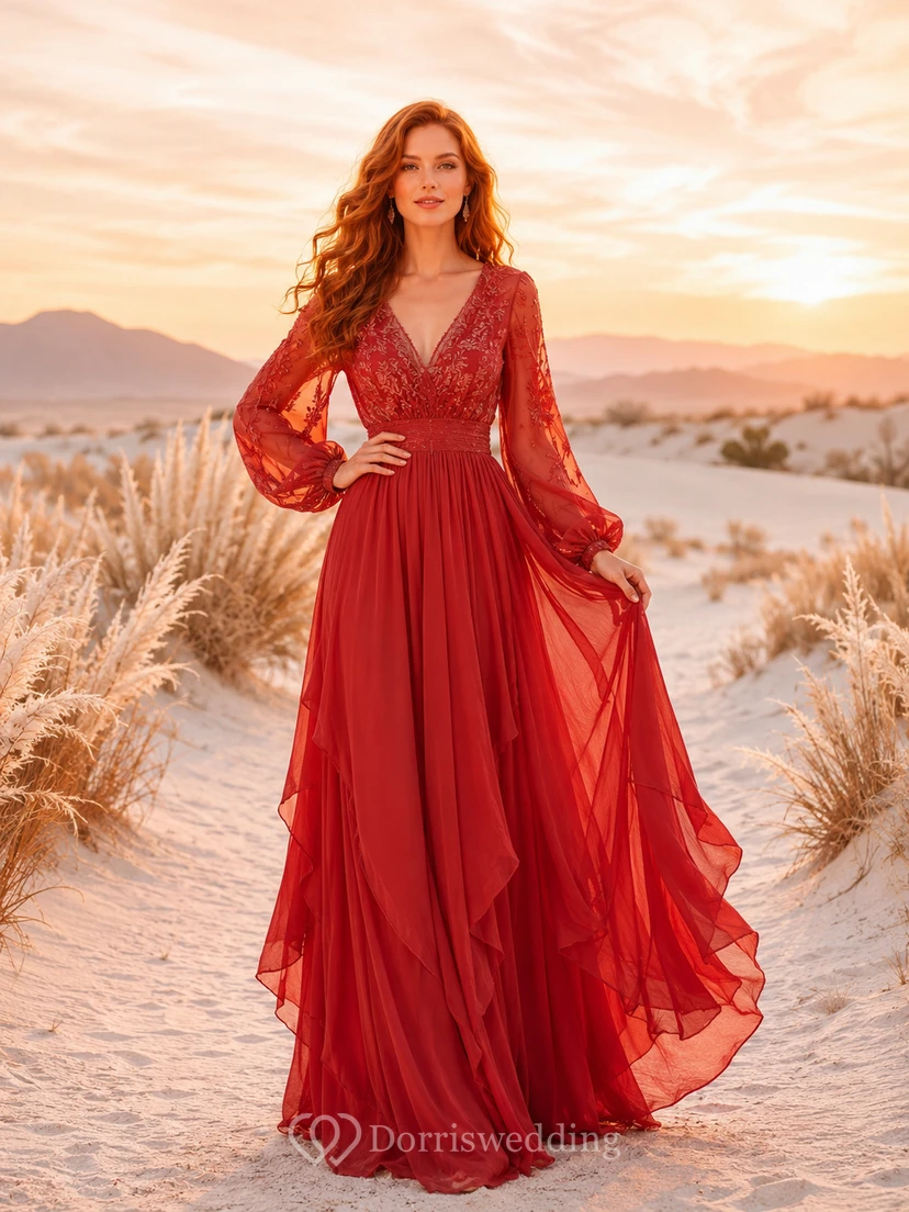 Red Boho Long Sleeve Lace Chiffon Wedding Dress