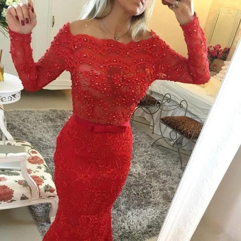 Glamorous Jewel Mermaid Red Pom Dress Long Sleeve With Beadings view 4