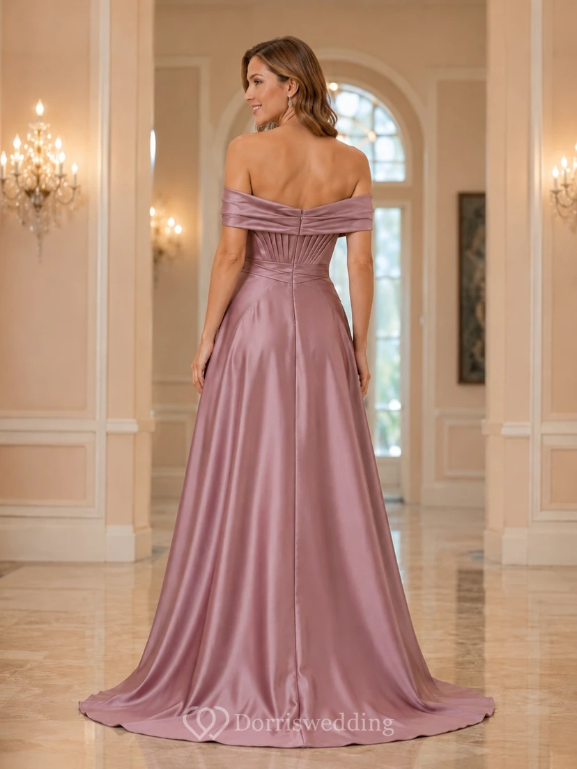 Vintage-Mauvefarbenes, schulterfreies, bodenlanges, plissiertes Abendkleid aus Satin in A-Linie view 2